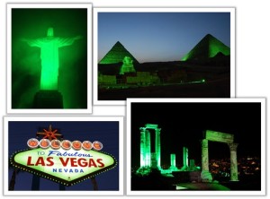 Christ the Redeemer statue, Rio de Janeiro, Brazil; the Pyramids and Sphinx at Giza, Egypt;  the Las Vegas welcome sign; and the Citadel in Amman, Jordan- all going green to celebrate St. Patrick.