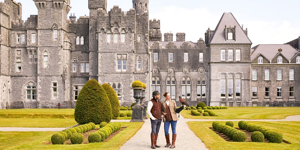 Walkway to castle with couple