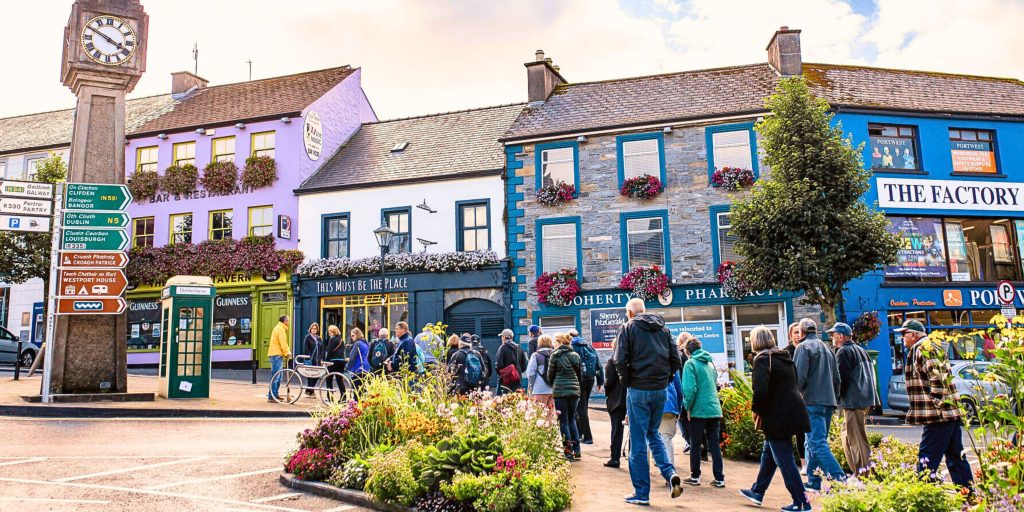 Colourful town centre with clock tower