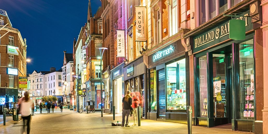 Dublin street lit up at night