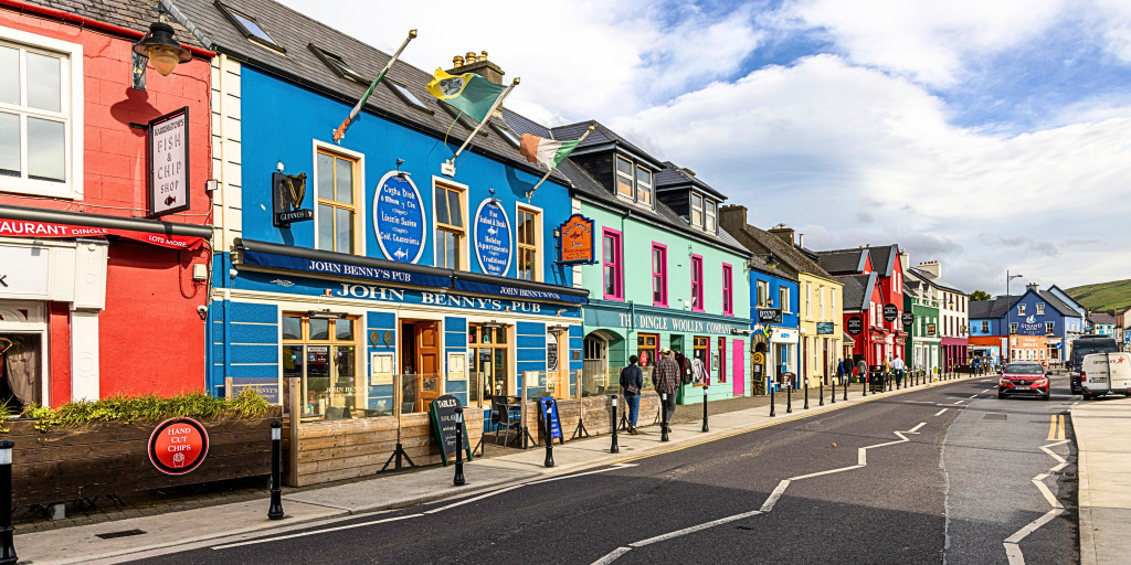 Colourful street of restaurants and businesses in Dingle town