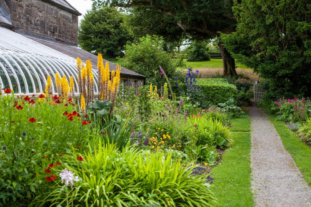 A gravel pathway runs alongside a vibrant cottage garden filled with tall yellow flowers, red blossoms, and green shrubbery next to a classic glass greenhouse.